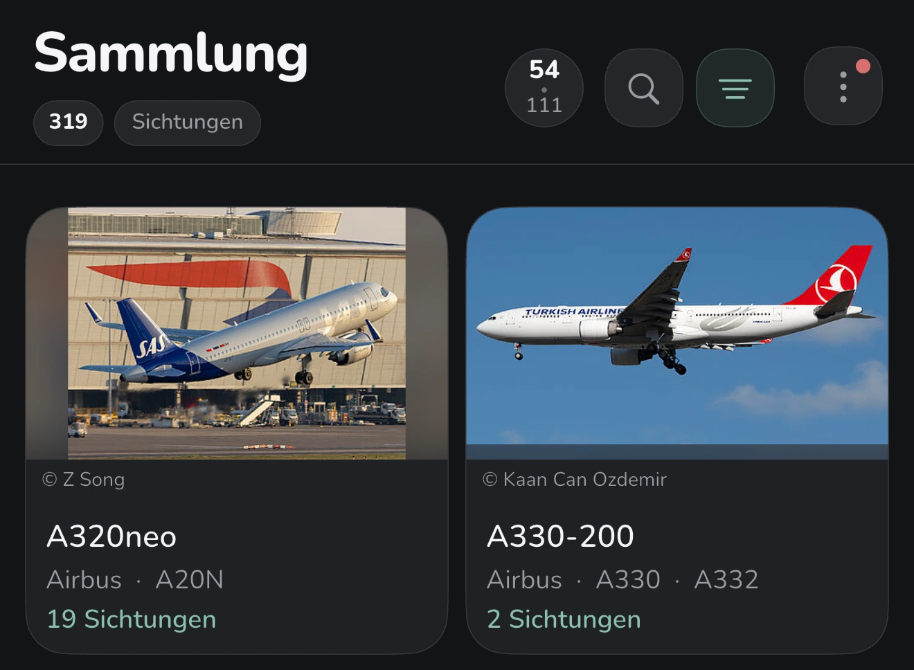 Die MODE1090-Sammlung mit bereits gesichteten Flugzeugtypen. Aufnahme vom 6. Oktober 2026.